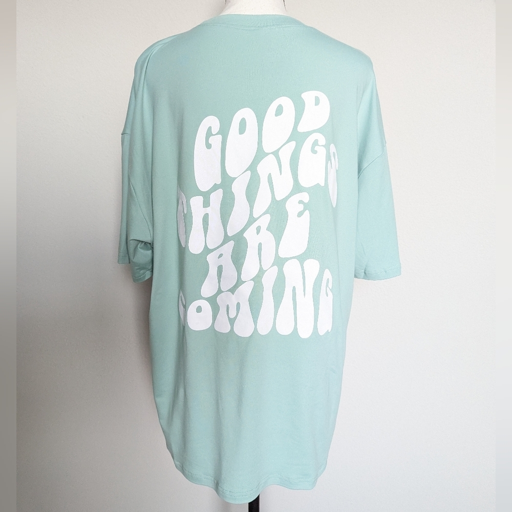 Pastel green and white Good things are coming oversized t-shirt size L